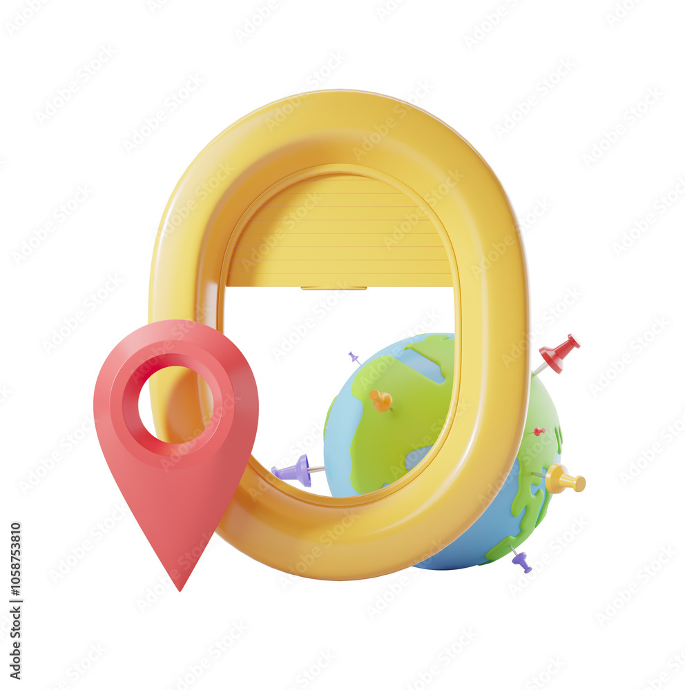 Poster image shows a colorful map pin next to a globe and a yellow frame. simple graphic style. white backg