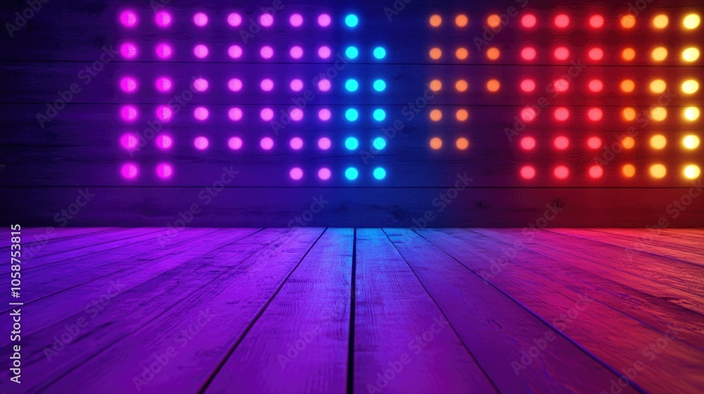 Poster minimalist wooden surface with vibrant abstract disco lighting ideal for showcasing products or obje