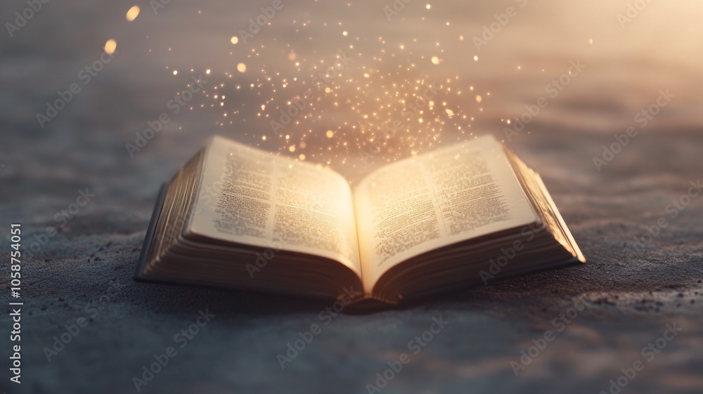Poster a book is open to a page with a bright light shining on it
