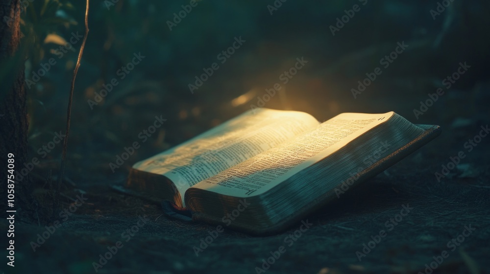Poster a book is open to a page with a light shining on it