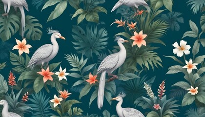 Tropical exotic pattern with animal and flowers in bright colors and lush vegetationn