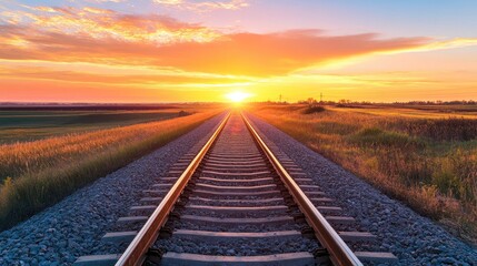 Obraz premium Sunset over vacant railroad tracks extending toward the horizon Selective focus Space available for text