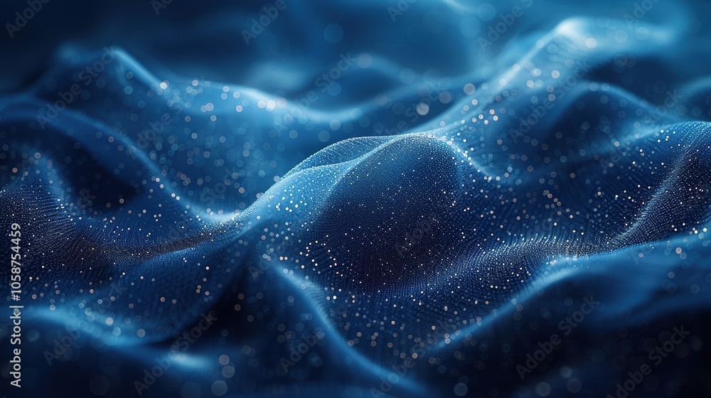 Poster abstract representation of flowing waves with shimmering particles in a digital landscape.