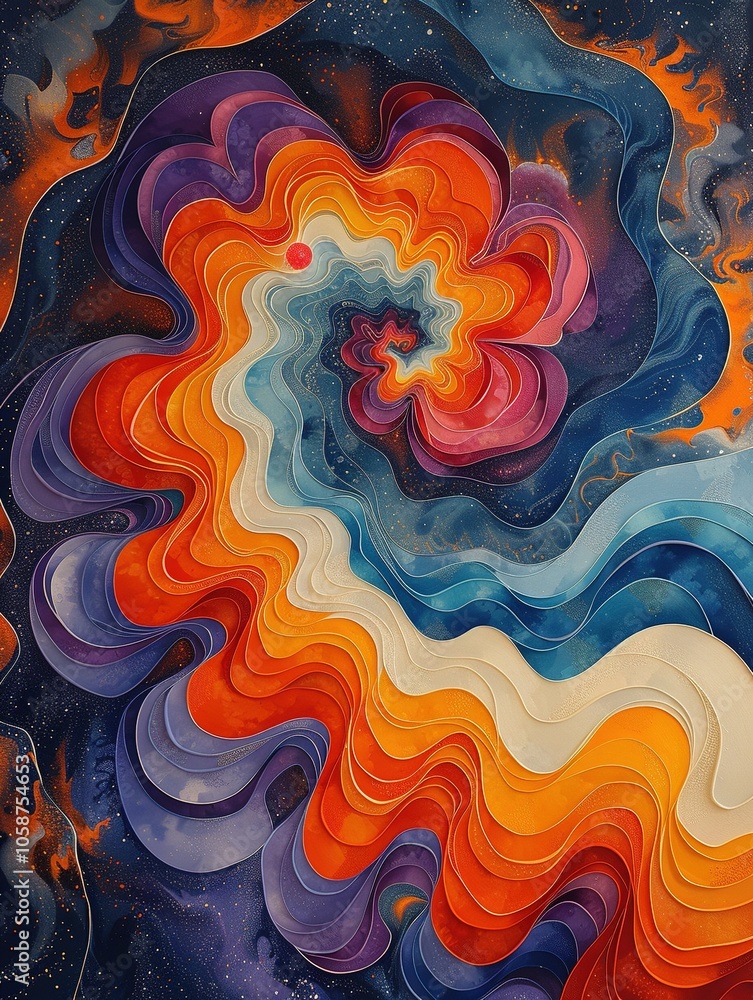 Poster abstract swirling colors resembling cosmic patterns and fluid movement.