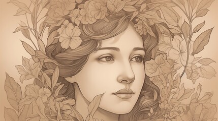 Vintage-Inspired Portrait of Woman with Nature Elements in Elegant Detail