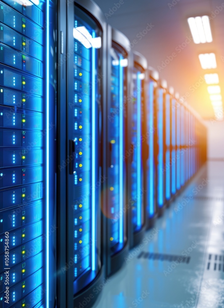 Poster a modern data center featuring rows of illuminated server racks, showcasing advanced technology in a