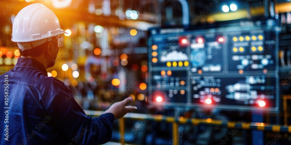 Poster a worker in a hard hat interacts with a control panel in an industrial setting, highlighting technol