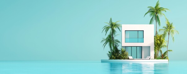 A modern house surrounded by water and tropical plants, set against a serene turquoise background, evoking a peaceful, luxurious lifestyle.