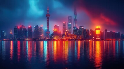 Obraz premium futuristic city skyline illuminated by neon lights, showcasing towering skyscrapers and advanced technology, depicting a vibrant nightlife and a thriving urban landscape