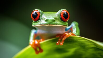 Fototapeta premium A green frog with red eyes is sitting on a leaf