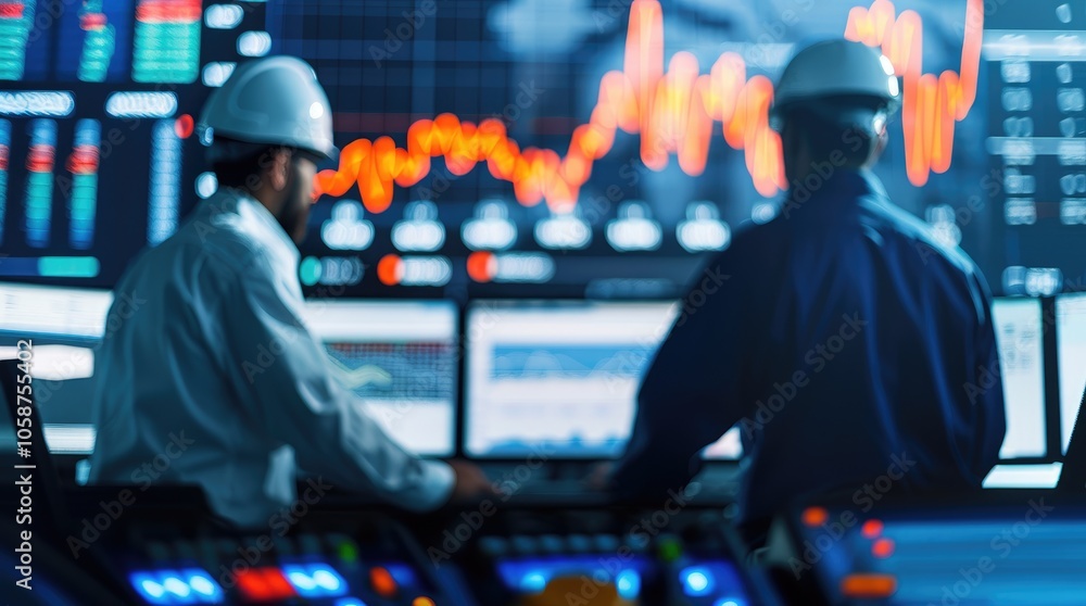 Poster blurred image of engineers analyze data on screens with graphs and indicators, wearing helmets in a 