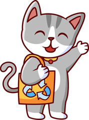 cute cat wearing recycled tote bag Vector Illustration Icon. Flat Cartoon Style