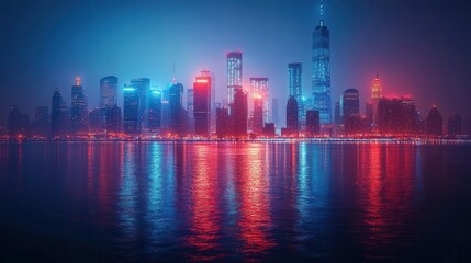 Naklejka premium futuristic city skyline illuminated by neon lights, showcasing towering skyscrapers and advanced technology, depicting a vibrant nightlife and a thriving urban landscape