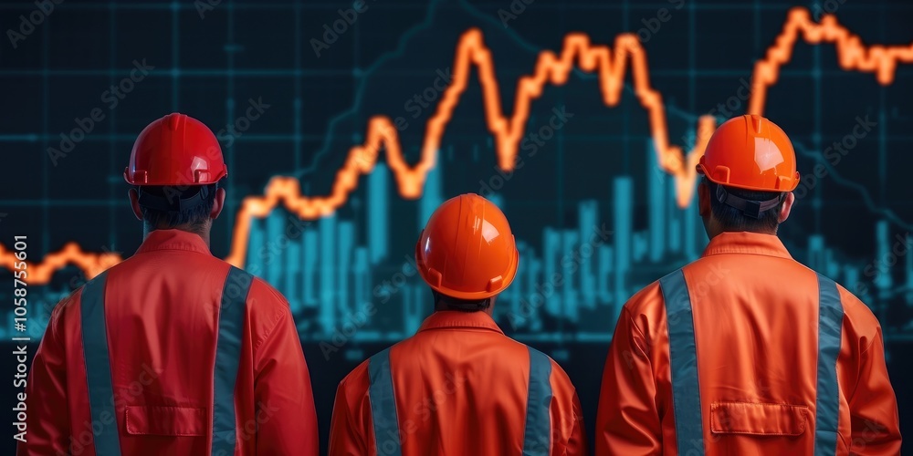 Poster three workers in helmets observe a fluctuating graph, indicating data analysis in an industrial sett