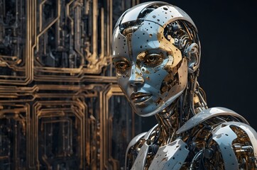Cybernetic robot with a metallic face and blue eyes, embodying AI, robotics, and futuristic design in a highly technological, dark background.