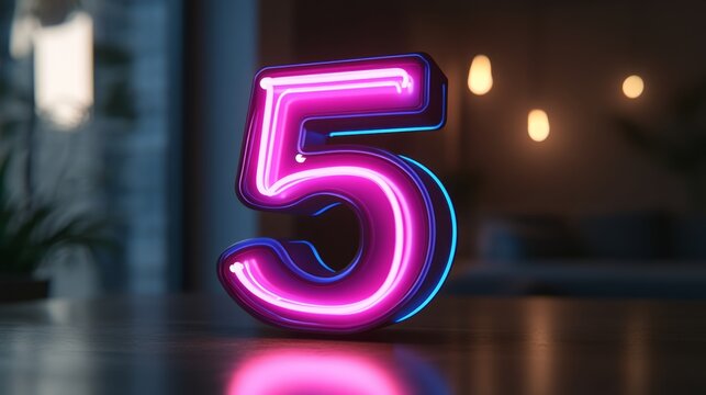 Neon Number 5, illuminated, glowing purple and blue, on a dark background with bokeh. - Powered by Adobe