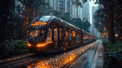 Obraz premium futuristic cityscape featuring smart transportation systems and innovative technologies, with sleek vehicles and green spaces intertwined, showcasing the essence of urban innovation and sustainability