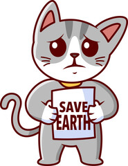 grey cat carrying the slogan save the earth Vector Illustration Icon. Flat Cartoon Style
