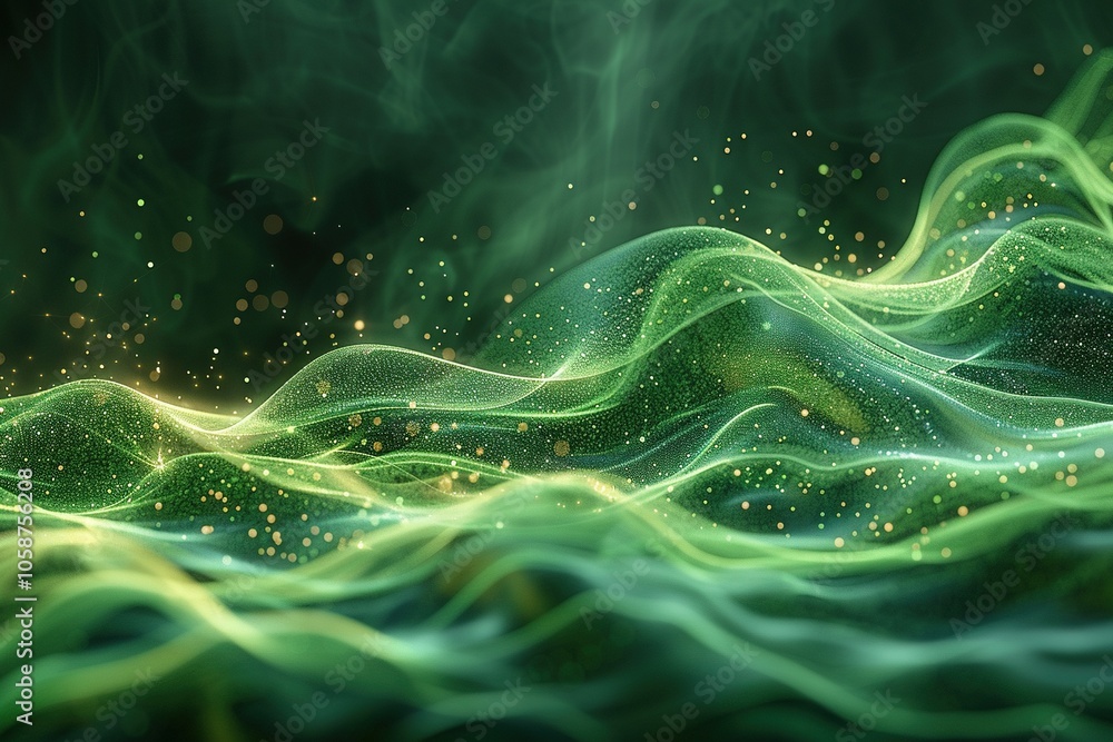 Poster abstract waves of green light with shimmering particles create a dynamic visual effect.