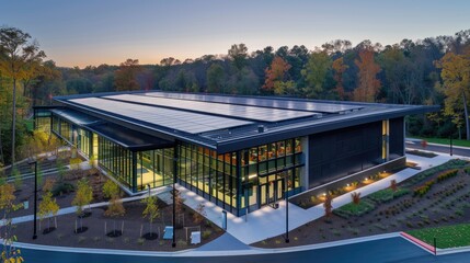 Obraz premium Wide Aerial Shot of a Sustainable Data Center Featuring a Rooftop Solar Array, Representing a Commitment to Environmental Responsibility and Innovative Energy Solutions in the Tech Industry