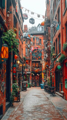 Fototapeta premium Photo - Vibrant Graffiti Alleyway in Toronto with Brick Buildings and Festive Decor