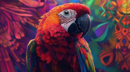A colorful parrot is standing in front of a colorful background