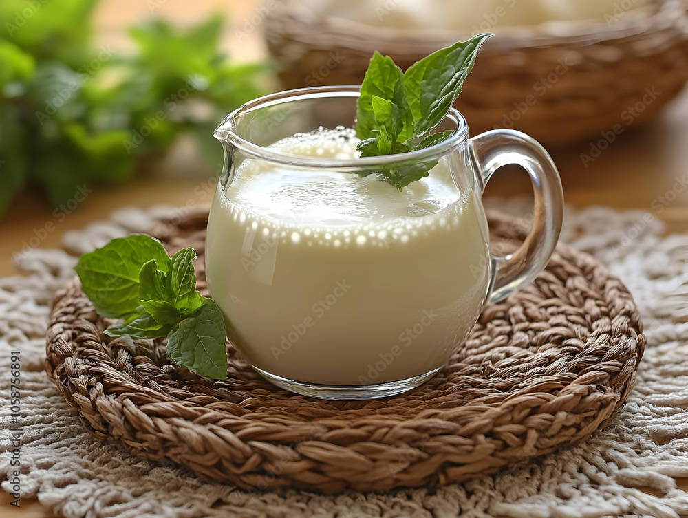 Canvas Prints Refreshing Milk Drink Photo with Mint Sprig Garnish