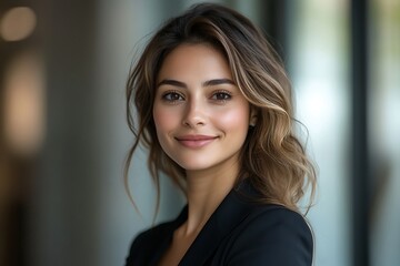 Fototapeta premium Elegant Businesswoman with Long Wavy Hair Smiling in Office