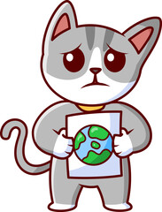 grey cat carrying the slogan save the world Vector Illustration Icon. Flat Cartoon Style