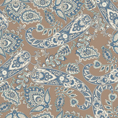 Colorful Paisley wallpaper. Vector Indonesian batik. Bright classic indian fabric. Paisley wallpaper. Ethnic background with paisley and stylized flowers. For textile, cover, wrapping paper, fabric
