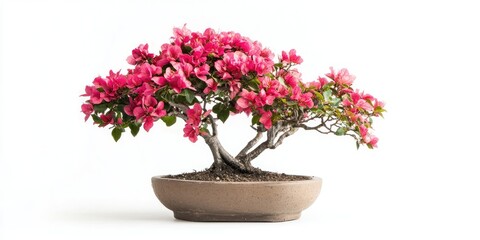 Naklejka premium A lifelike bougainvillea bonsai is positioned in a planter, showcased against a completely white background, highlighting its striking features and details.