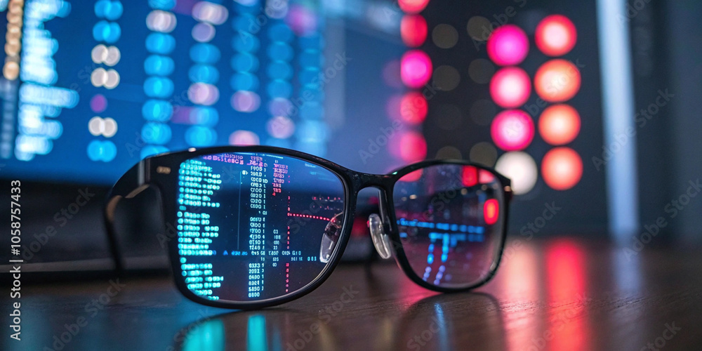 Poster a pair of glasses positioned centrally, with digital data and colorful bokeh lights in the backgroun