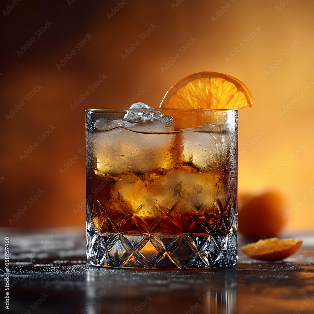 Wall mural Whiskey Cocktail Photo -  Crystal Glass, Orange Slice, Ice Cubes, Brown Liquor