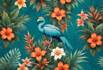 Tropical exotic pattern with animal and flowers in bright colors and lush vegetationn