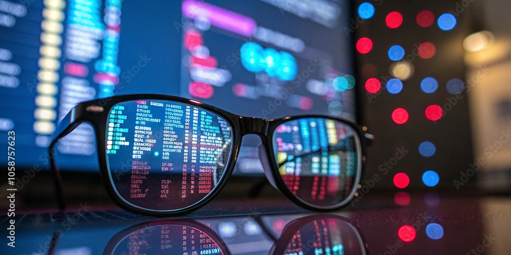 Poster a pair of glasses positioned centrally, with digital data and colorful bokeh lights in the backgroun