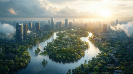 Fototapeta premium futuristic depiction of cloud technology integrated with a smart city landscape, showcasing interconnected systems and innovative solutions that enhance urban living and sustainability