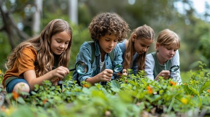 Fototapeta premium Children exploring nature with magnifying glasses in a garden.