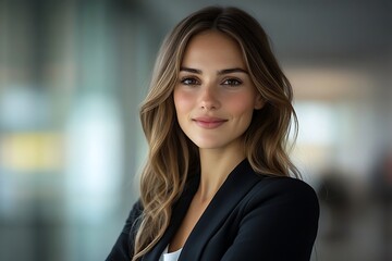 Naklejka premium Elegant Woman in Black Blazer, Confident Office Look in Natural Light.