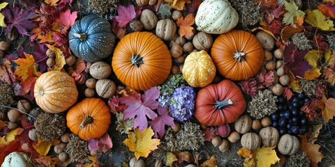A seasonal autumn backdrop featuring a flat lay arrangement of pumpkins, nuts, colorful autumn leaves, and dried flowers creates a festive atmosphere.
