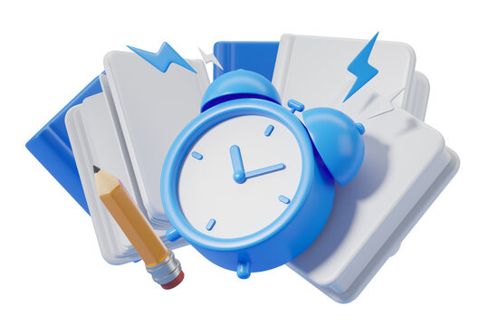 Blue alarm clock, pencil, and books on white background, concept of productivity and time management. 3D Rendering