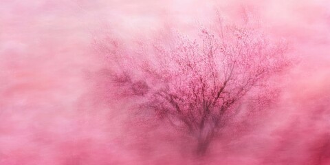 Fototapeta premium An abstract, blurred image of a spring cherry tree creates a pink background texture. This botanical scene offers a design wallpaper with a light floral splash in a cotton candy sky.