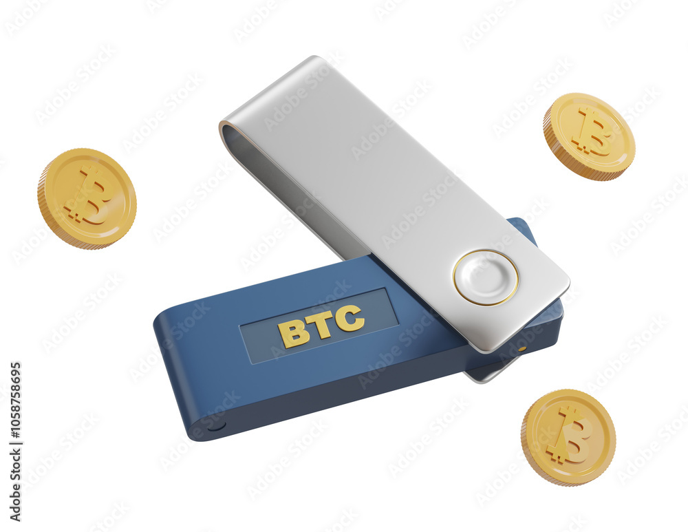 Aufkleber illustration of a bitcoin cold wallet with btc coins floating around it, on a white background. conc