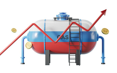 Naklejka premium Gas tank with Russian flag colors, red upward trend line, coins with dollar symbols, isolated on white background. Concept of rising gas prices. 3D Rendering