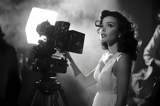 Vintage Hollywood Glamour Photo: Actress with Camera on Set