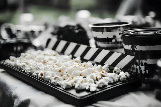 Black & White Photo: Movie Night Essentials - Popcorn, Clapperboard, and Drinks