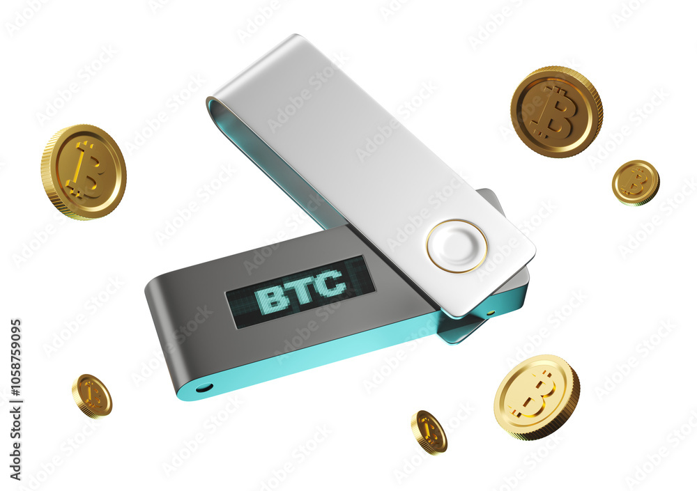 Poster bitcoin cold wallet with floating btc coins on a white background. concept of secure and safe crypto