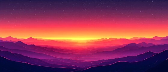 Obraz premium A stunning digital illustration of a mountain landscape at sunset, showcasing vibrant hues of purple, pink, and orange blending into a starry sky.