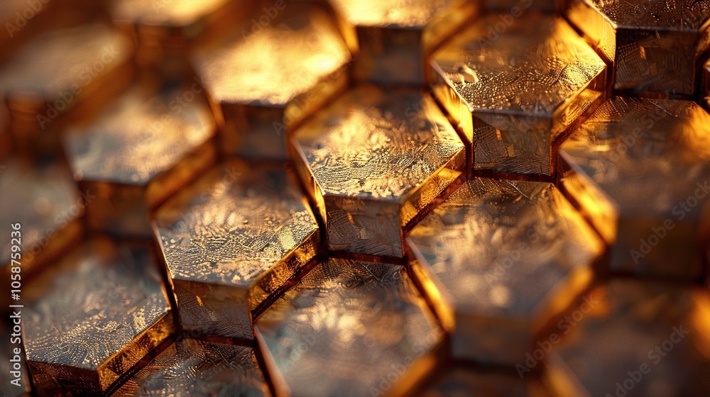 Poster Close-up of hexagonal structures with a metallic sheen, suggesting texture and depth.
