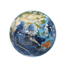 Realistic 3D rendering of the Earth from space, showing continents such as Asia, Africa, and Australia, on a white background. Global concept. 3D Rendering