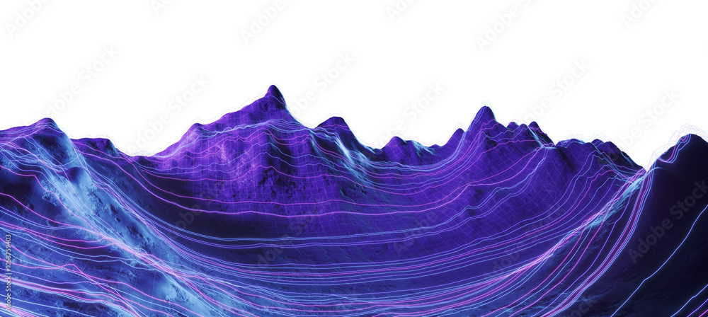 Poster abstract digital elevation model of a mountain range with neon grid lines on a white background. con